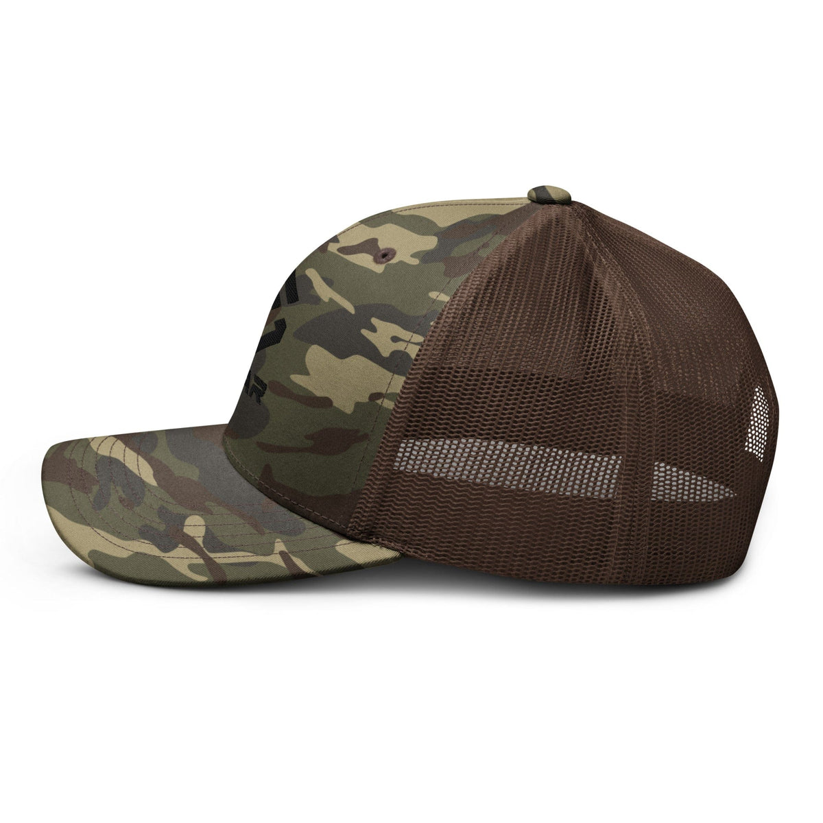Camouflage trucker hat with embroidered scar logo, brown mesh back and curved brim