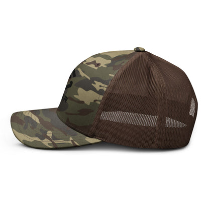 Camouflage trucker hat with embroidered scar logo, brown mesh back and curved brim
