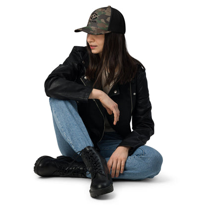 Camouflage trucker cap with black mesh back and embroidered front logo