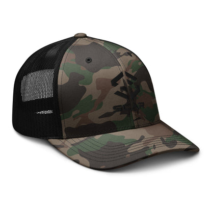 Camo front trucker hat with black mesh back and embroidered Scar logo on side