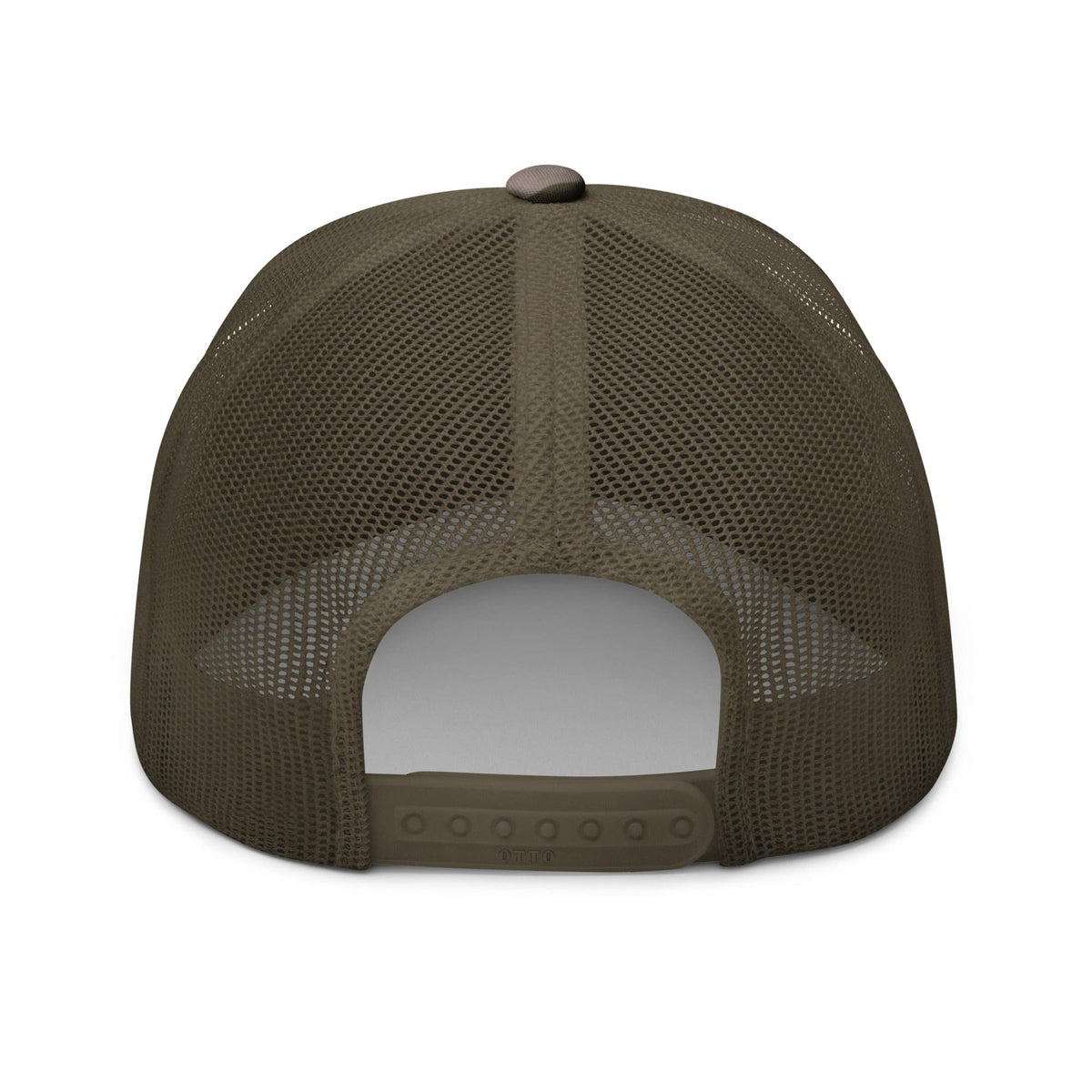 Back of camouflage trucker hat with olive mesh panels and adjustable plastic strap