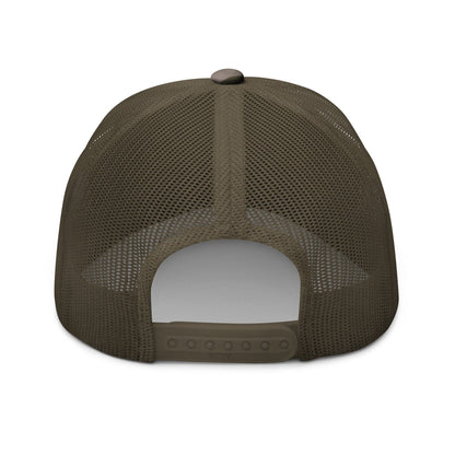 Back of camouflage trucker hat with olive mesh panels and adjustable plastic strap