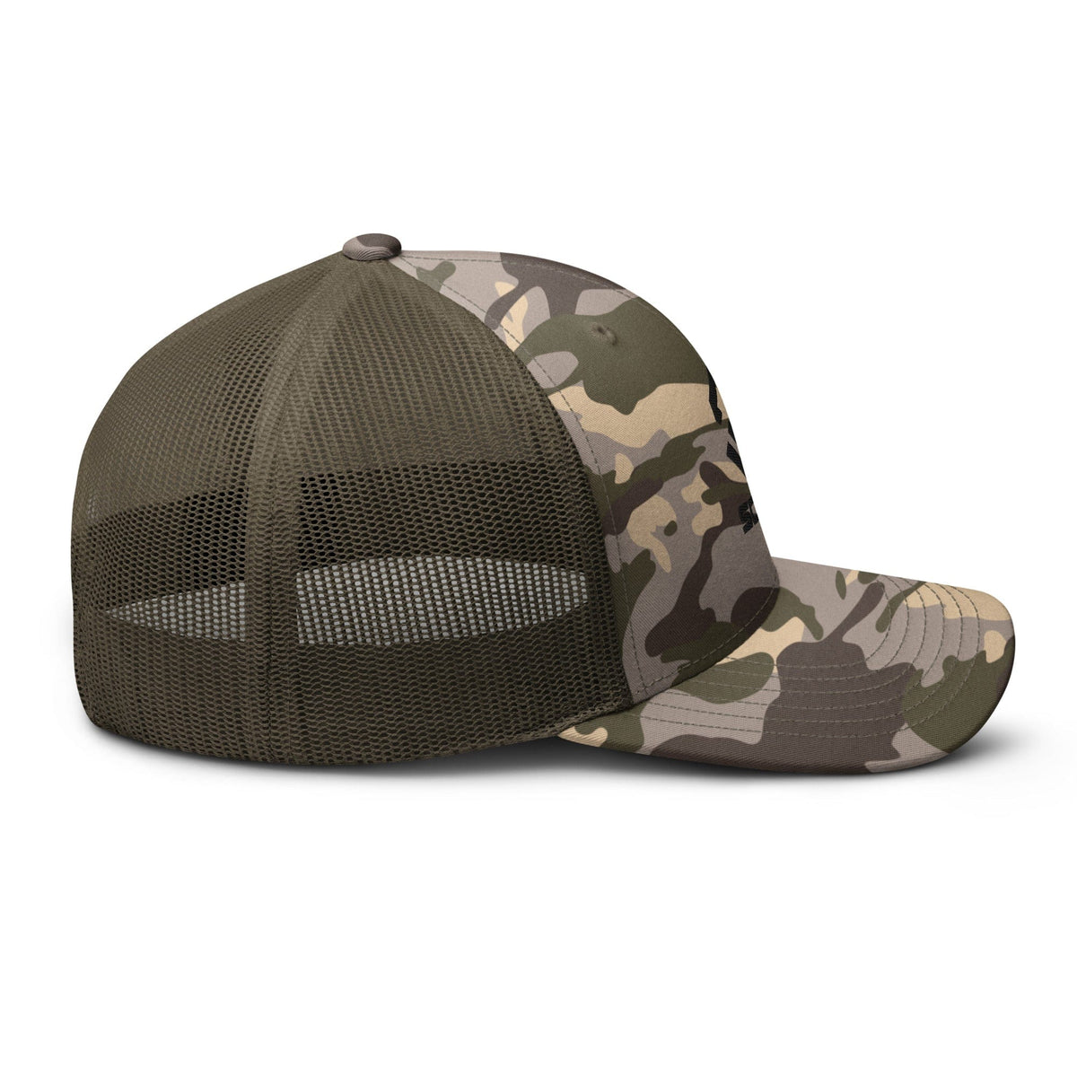 Camouflage trucker hat with camo brim and olive mesh front panels, curved brim