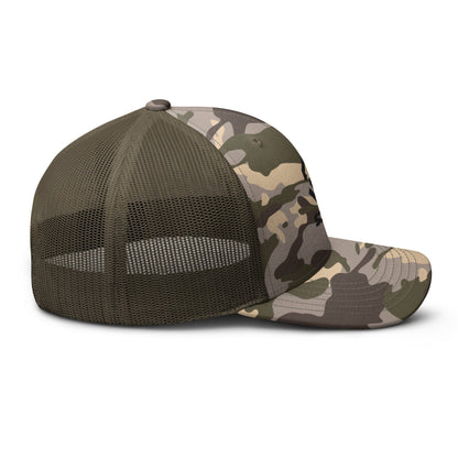 Camouflage trucker hat with camo brim and olive mesh front panels, curved brim