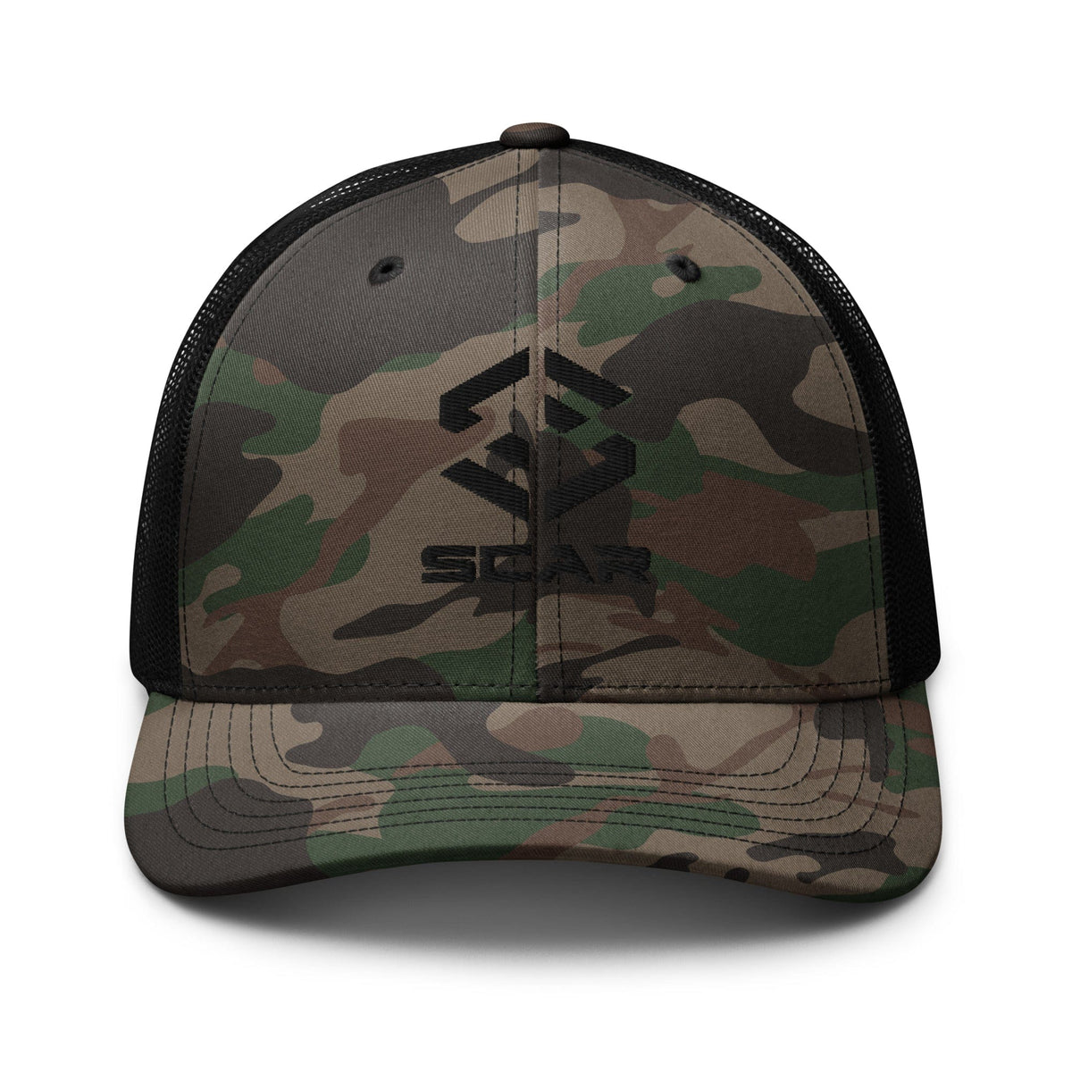 Camouflage trucker hat with embroidered Scar logo on front panel, black mesh back