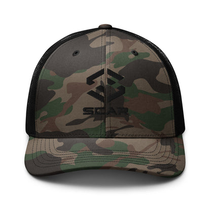 Camouflage trucker hat with embroidered Scar logo on front panel, black mesh back