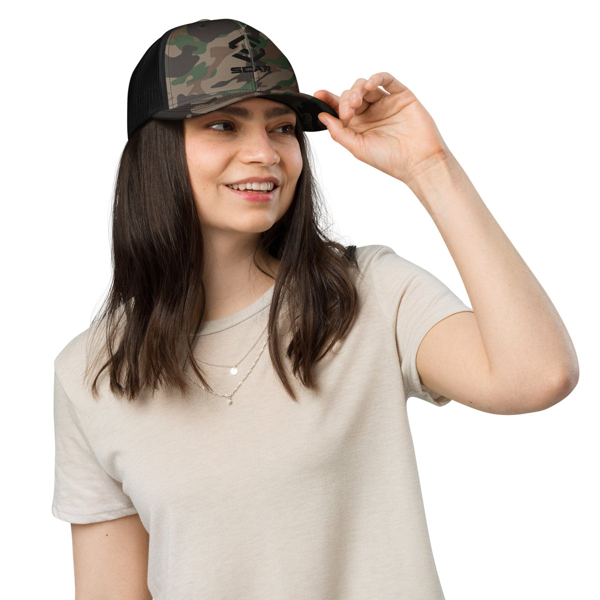 Camouflage trucker cap with black mesh back and logo on the front panel