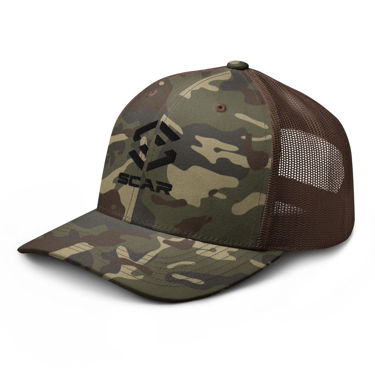 Camouflage trucker hat with embroidered scar logo, dark mesh side panels and curved brim