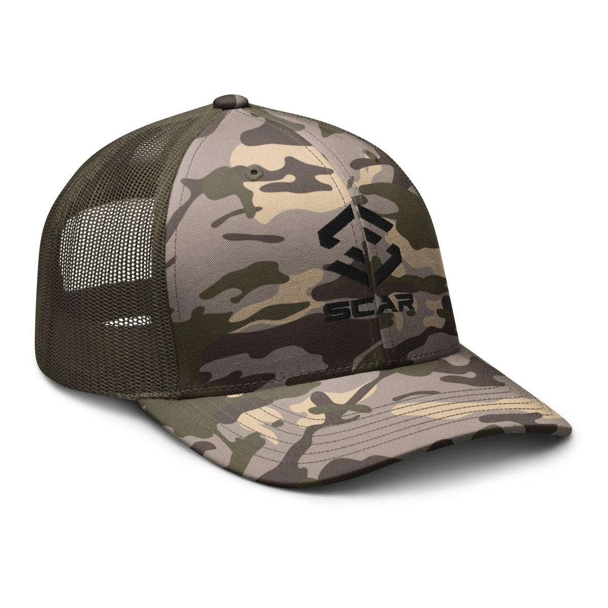 Camouflage trucker hat with embroidered scar logo, dark olive mesh panels and curved brim