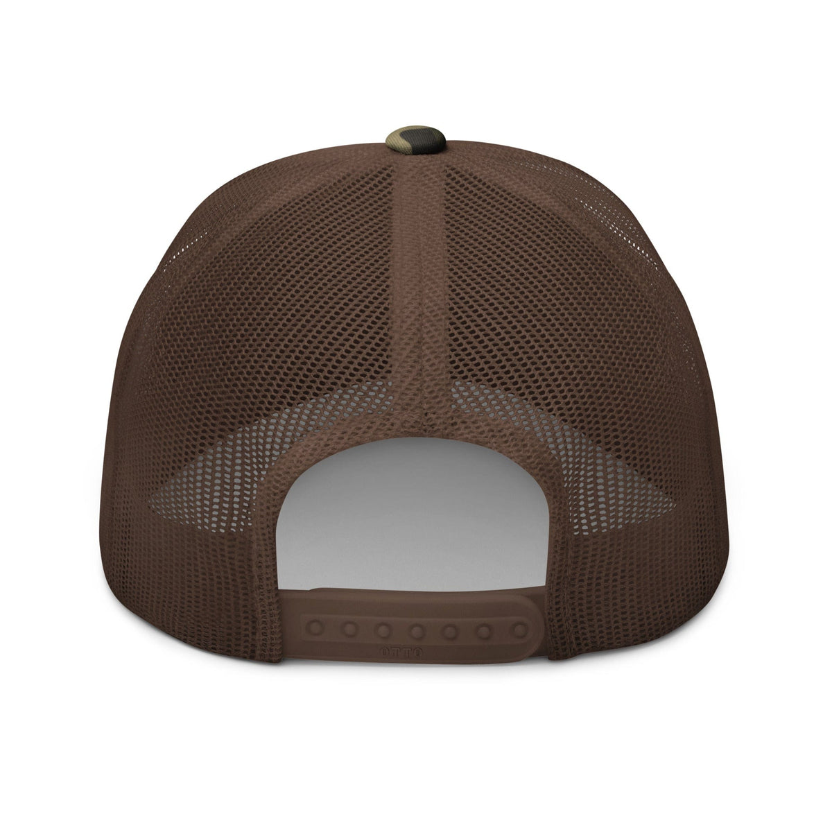 Brown mesh trucker hat with dark crown panel and adjustable plastic snapback