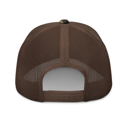 Brown mesh trucker hat with dark crown panel and adjustable plastic snapback