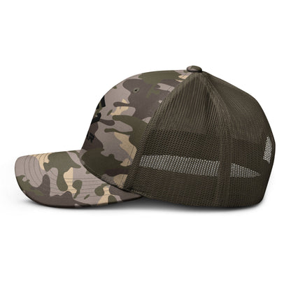 Camouflage trucker hat with camo crown and olive mesh back, curved brim
