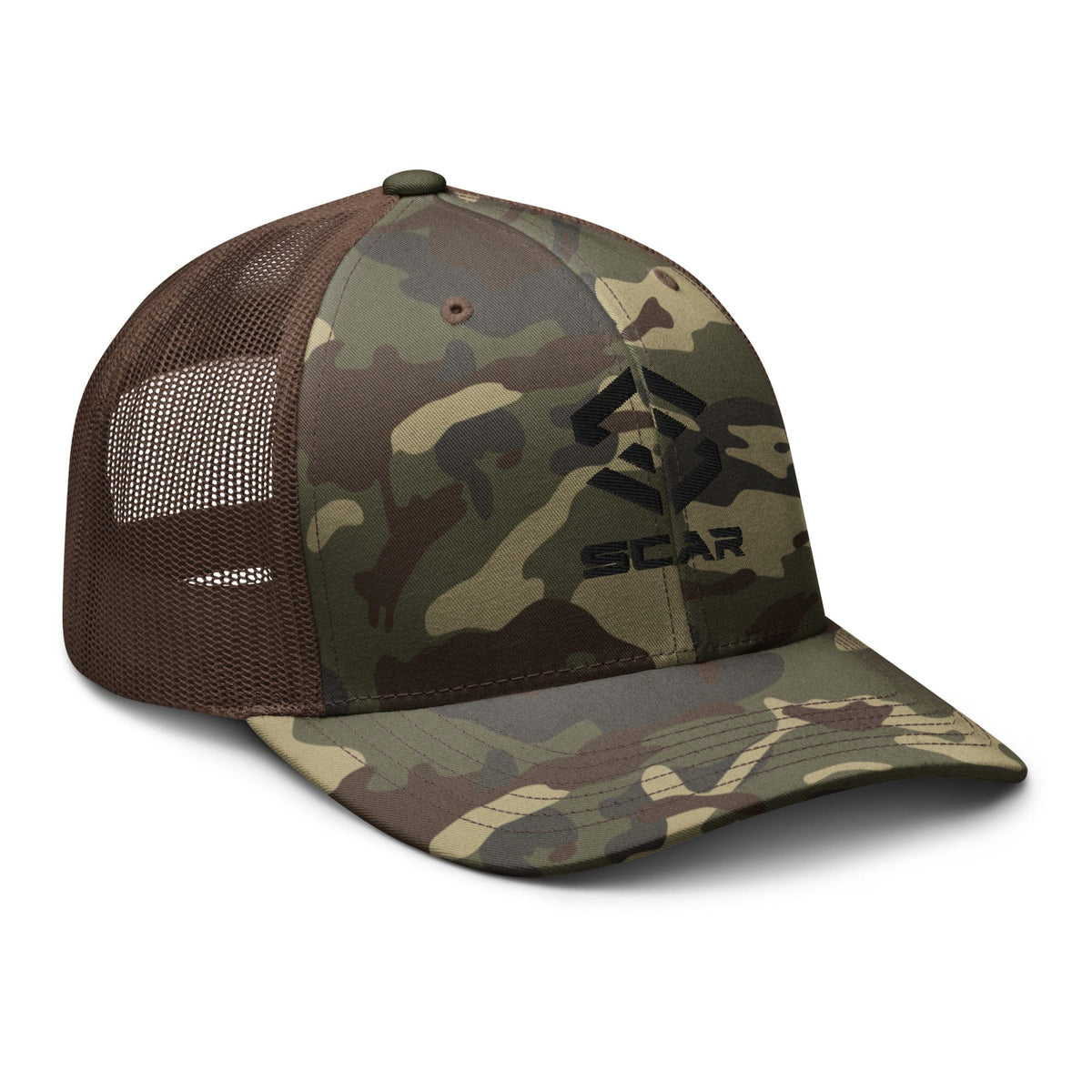 Camouflage trucker hat with embroidered scar logo on camo crown, brown mesh sides