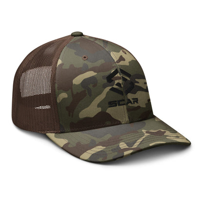 Camouflage trucker hat with embroidered scar logo on camo crown, brown mesh sides