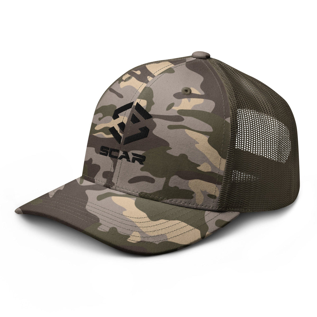 Camouflage trucker hat with embroidered scar logo, olive mesh sides and curved brim