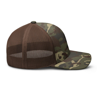 Camouflage trucker hat with brown mesh front panels and camo crown, curved brim