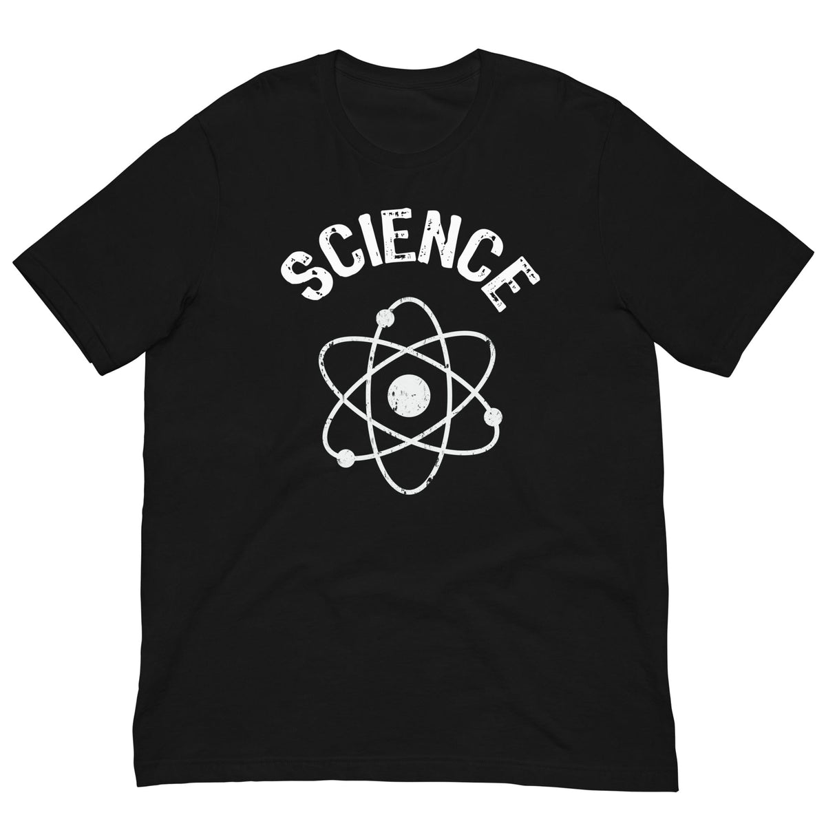 Science atomic nucleus T-shirt in black with white “SCIENCE” and atom emblem