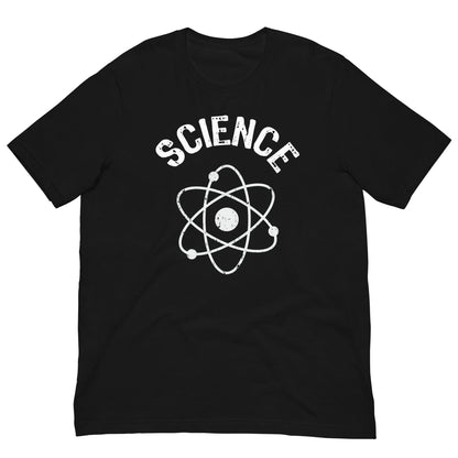 Science atomic nucleus T-shirt in black with white “SCIENCE” and atom emblem