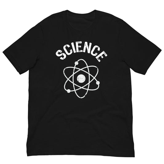 Science atomic nucleus T-shirt in black with white “SCIENCE” and atom emblem