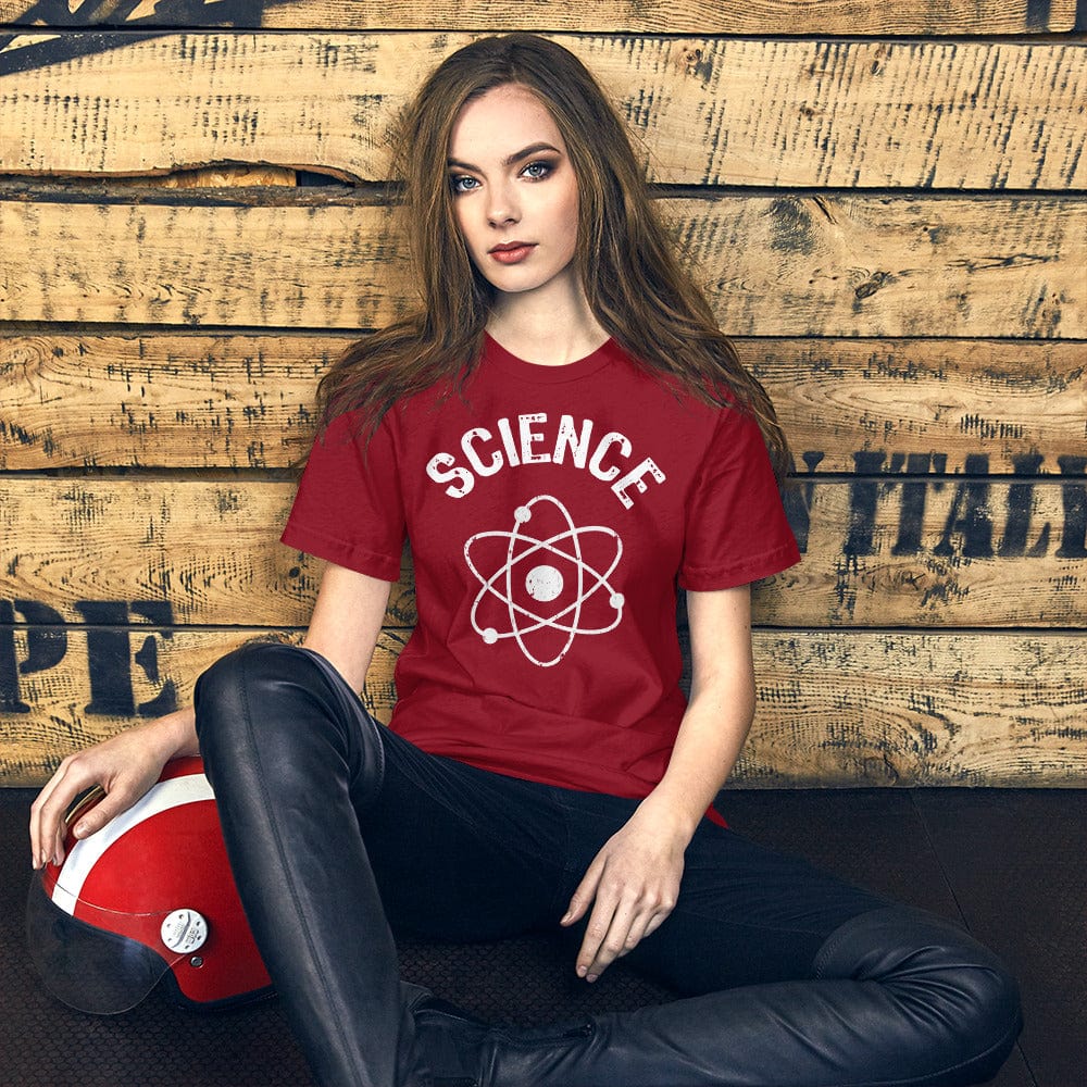 Science atomic nucleus T-shirt in dark red with white “SCIENCE” and atom emblem