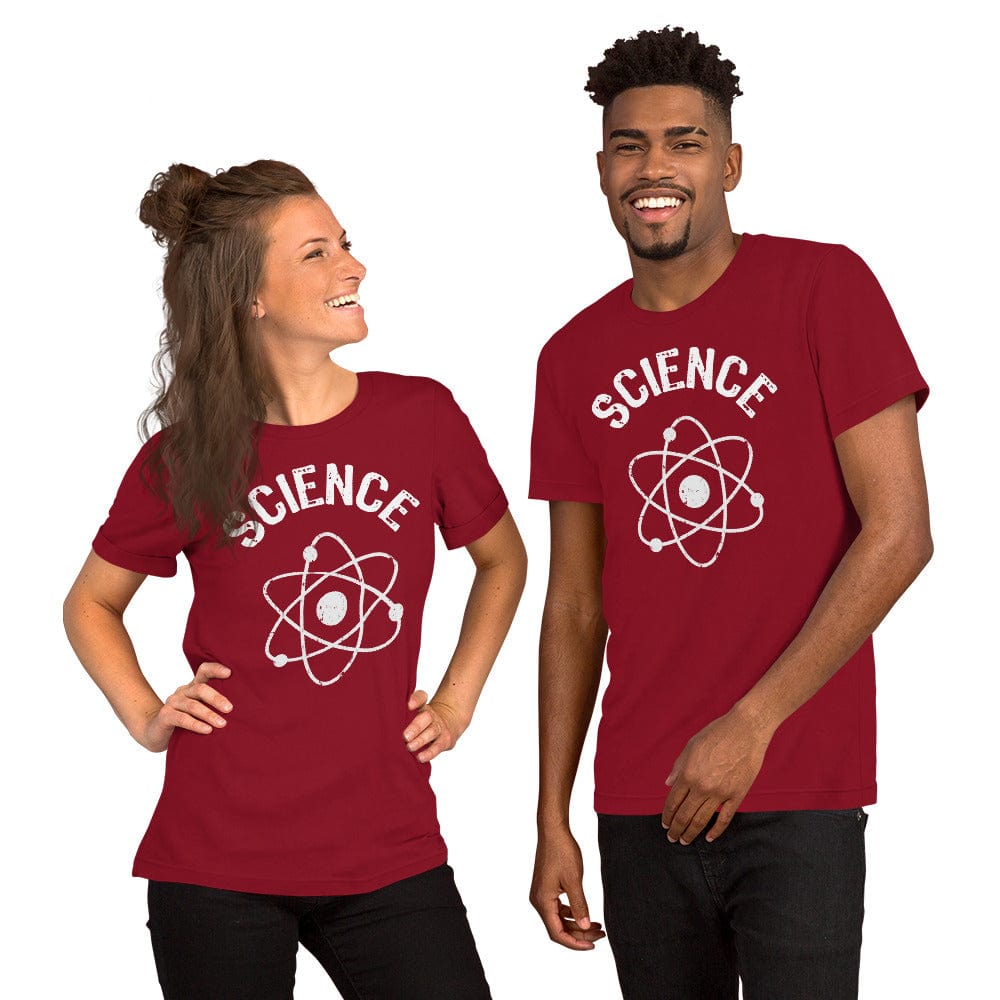 Science atomic nucleus T-shirt in red with white “SCIENCE” and atom emblem, short sleeves