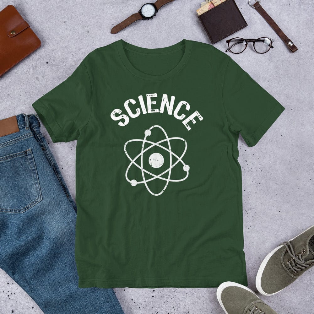 Science atomic nucleus T-shirt in forest green with white “SCIENCE” and atom emblem