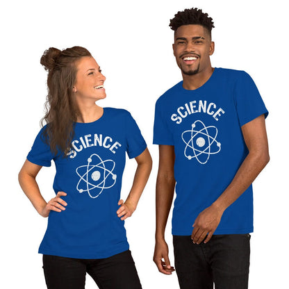 Science atomic nucleus T-shirt in royal blue with white “SCIENCE” and atom emblem