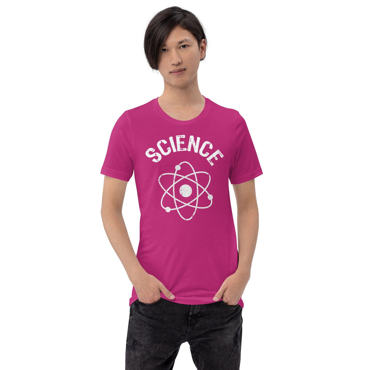 Science atomic nucleus T-shirt in magenta with white “SCIENCE” and atom emblem