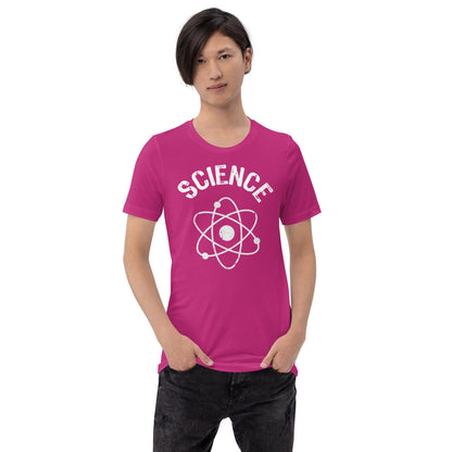 Science atomic nucleus T-shirt in magenta with white “SCIENCE” and atom emblem