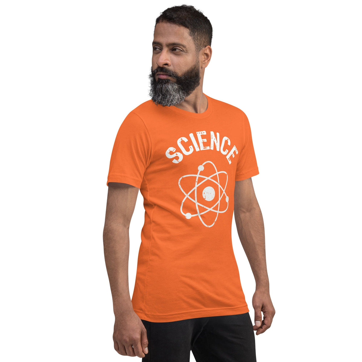 Science atomic nucleus T-shirt in orange with white “SCIENCE” and atom emblem