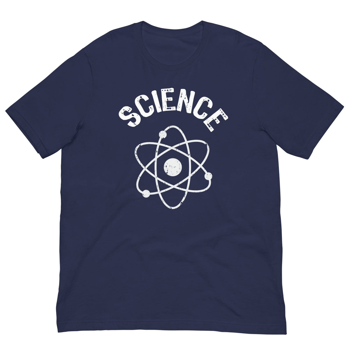 Navy T-shirt with white SCIENCE text and atomic nucleus graphic