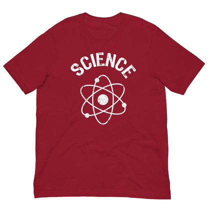 Science atomic nucleus T-shirt in cardinal red with white “SCIENCE” and atom emblem