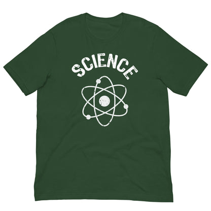 Dark green T-shirt with white SCIENCE text and atomic nucleus graphic