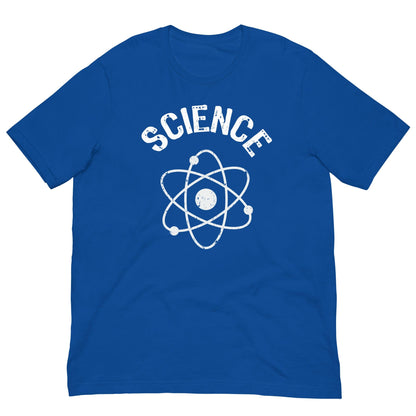 Blue T-shirt with white SCIENCE text and atomic nucleus graphic