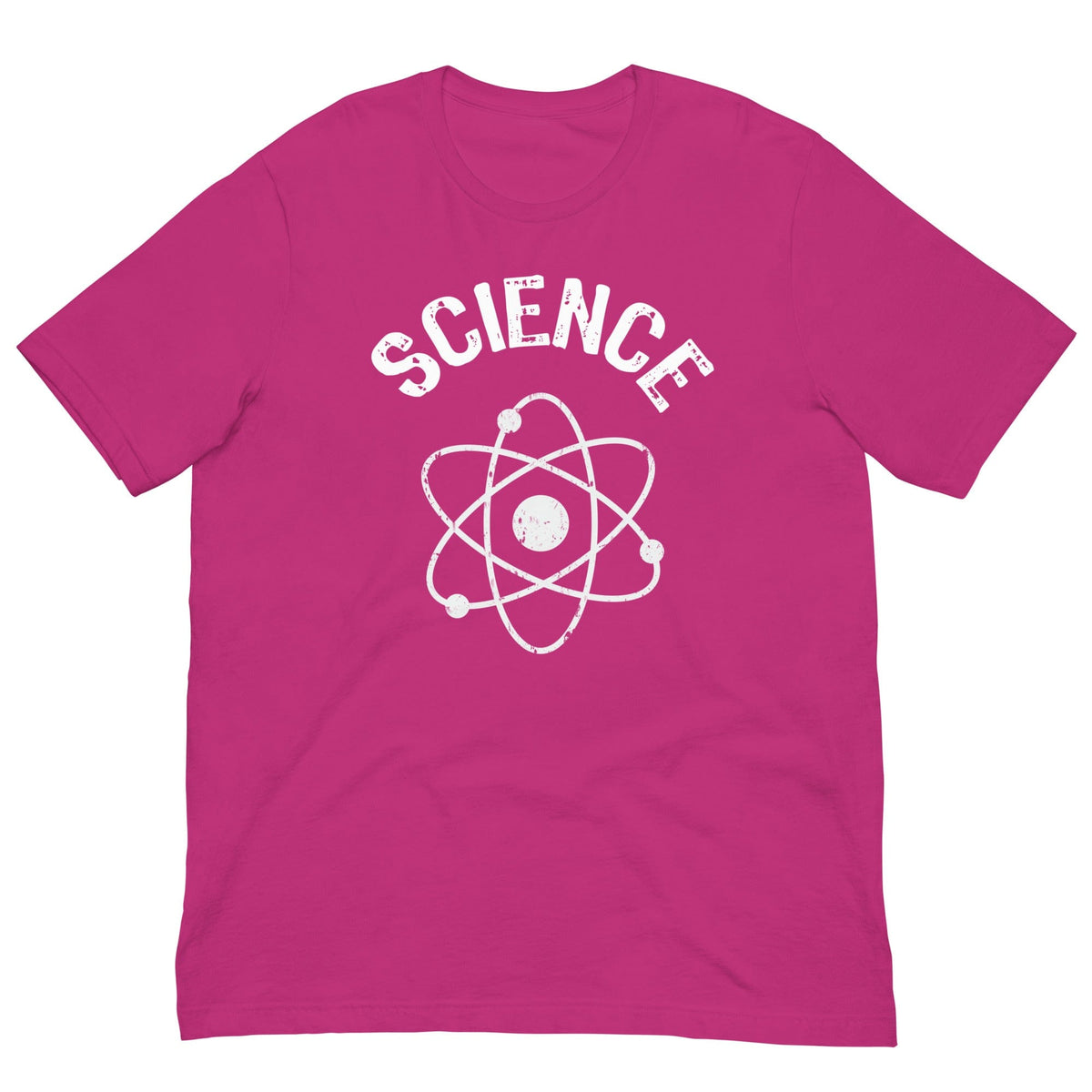 Pink T-shirt with white SCIENCE text and atomic nucleus graphic
