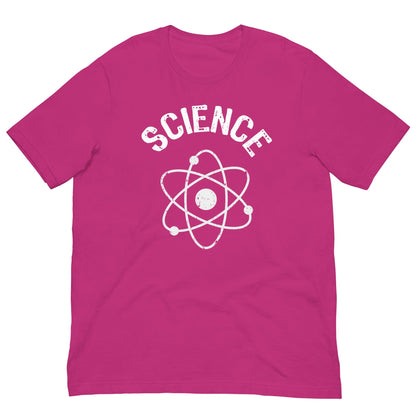 Pink T-shirt with white SCIENCE text and atomic nucleus graphic