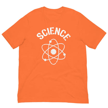 Orange T-shirt with white SCIENCE text and atomic nucleus graphic