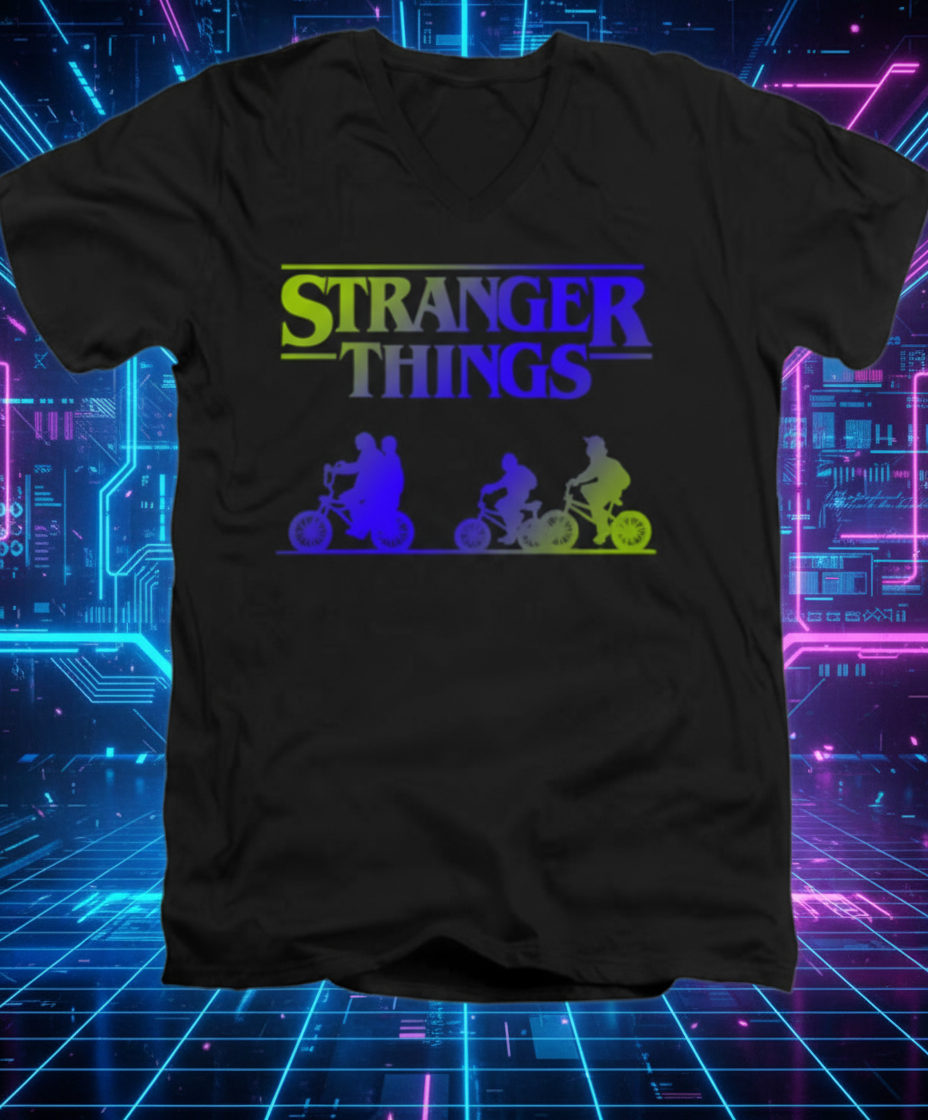 Men's V-neck T-shirt in black, Stranger Things graphic on front