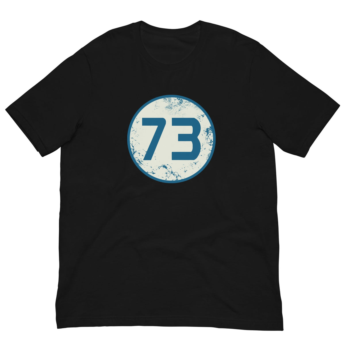 Black 73 graphic T-shirt with circular blue number print