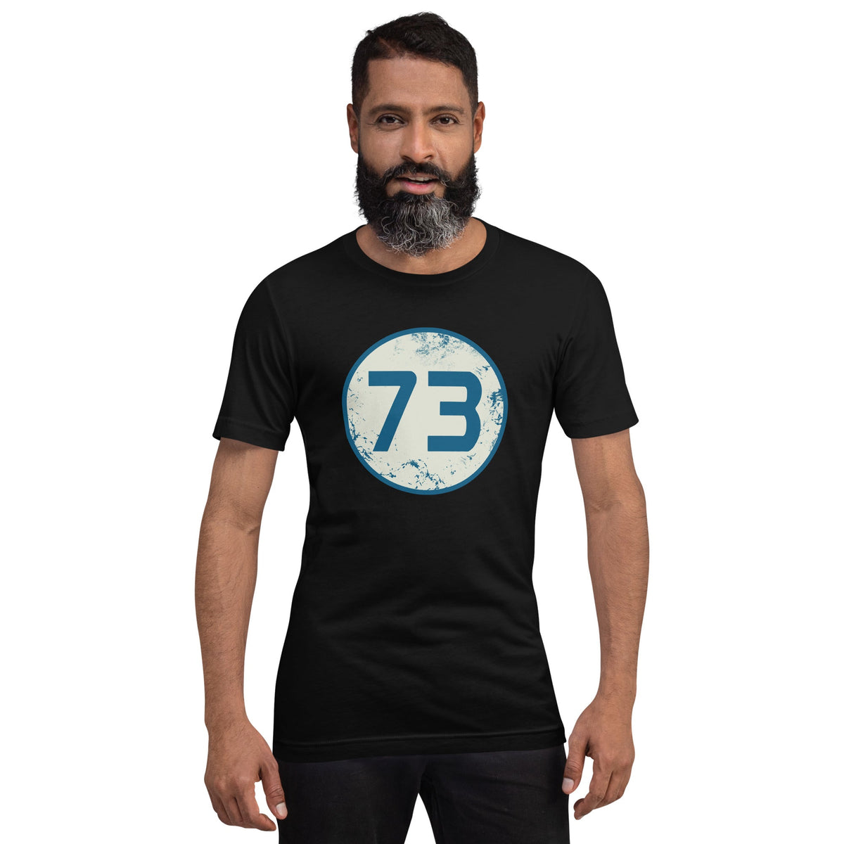 Black crewneck 73 graphic T-shirt with circular blue number print
