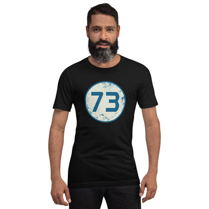 Black crewneck 73 graphic T-shirt with circular blue number print