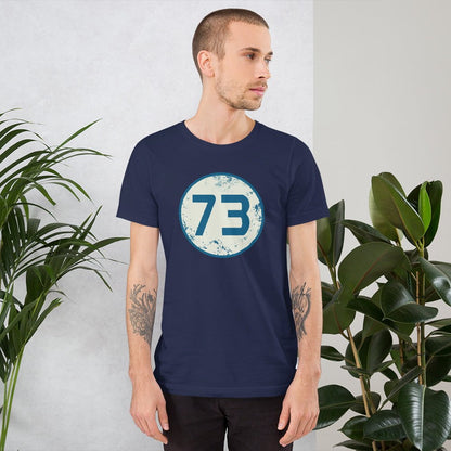 Navy 73 graphic T-shirt with circular blue number 73 chest print