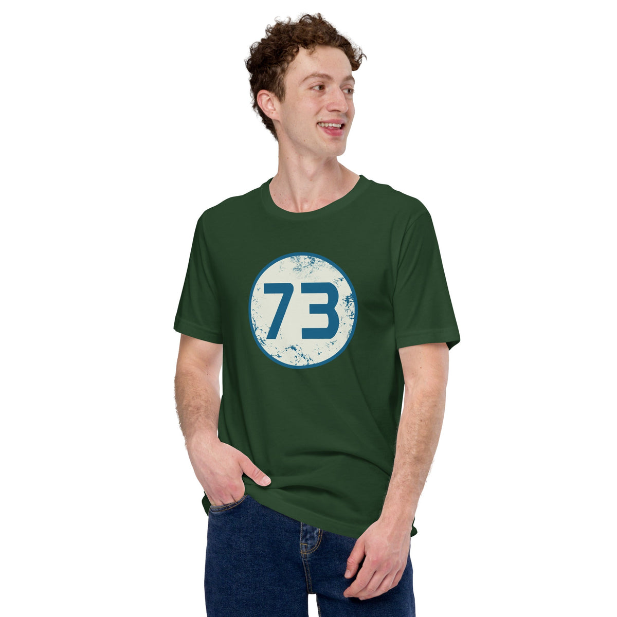 Forest green 73 graphic T-shirt with circular blue number 73 chest print