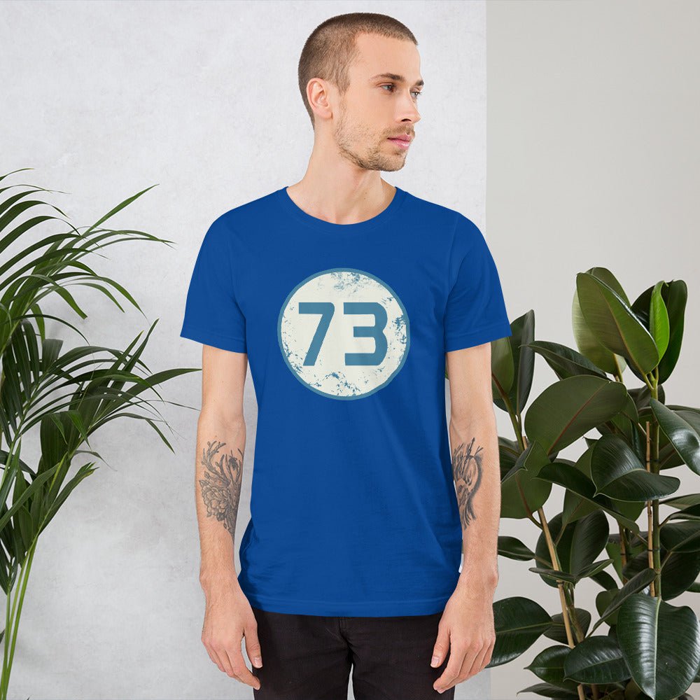 Royal blue 73 graphic T-shirt with circular blue number 73 chest print