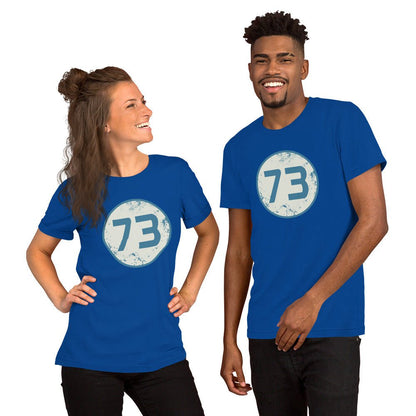 Blue 73 graphic T-shirt with circular blue number 73 chest print