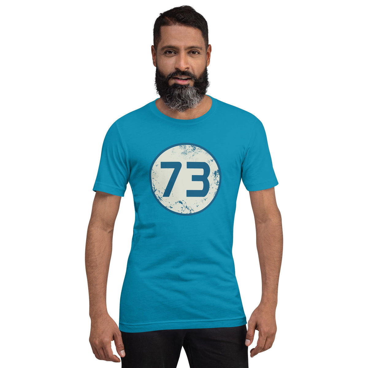 Aqua 73 graphic T-shirt with circular blue number 73 print