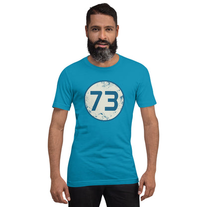 Aqua 73 graphic T-shirt with circular blue number 73 print