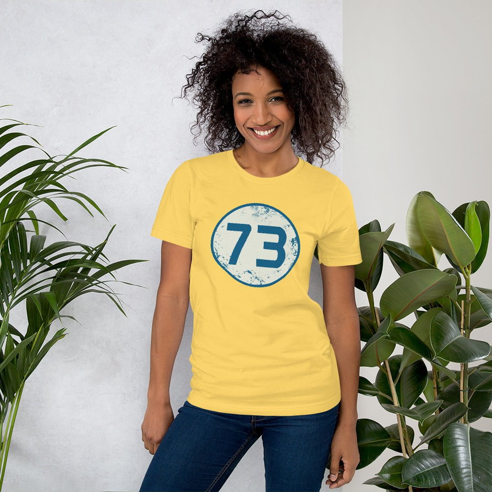 Yellow 73 graphic T-shirt with circular blue number 73 chest print