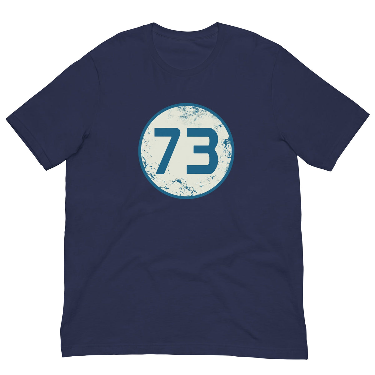 Navy T-shirt with circular “73” graphic on the chest.