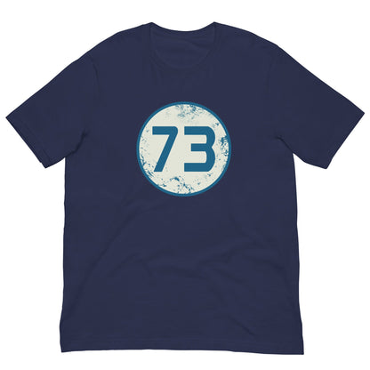 Navy T-shirt with circular “73” graphic on the chest.